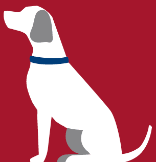 White sitting dog icon on red background